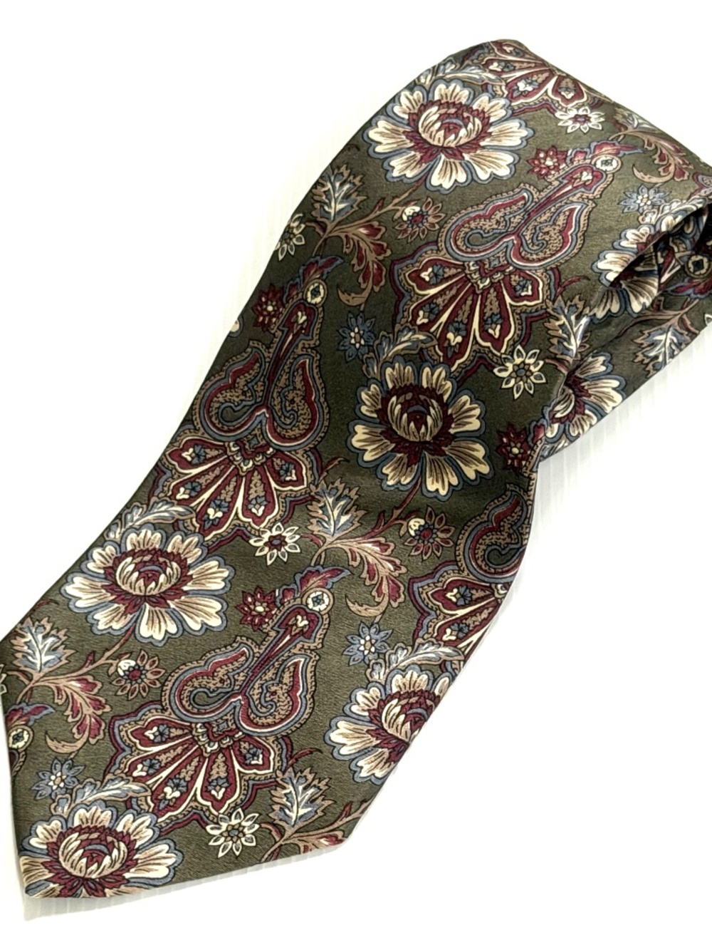 Oscar de la Renta Couture Collection Vintage Silk Paisley Floral Tie Green